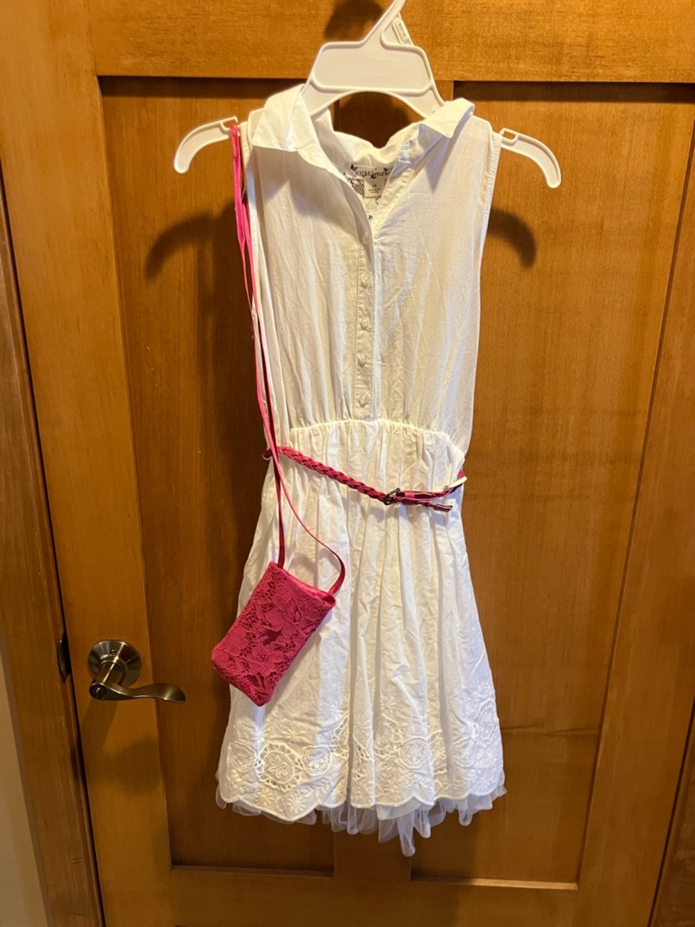 NWT Knitworks Girls 14 White Sleeveless Collared Dress with Pink Braided Belt